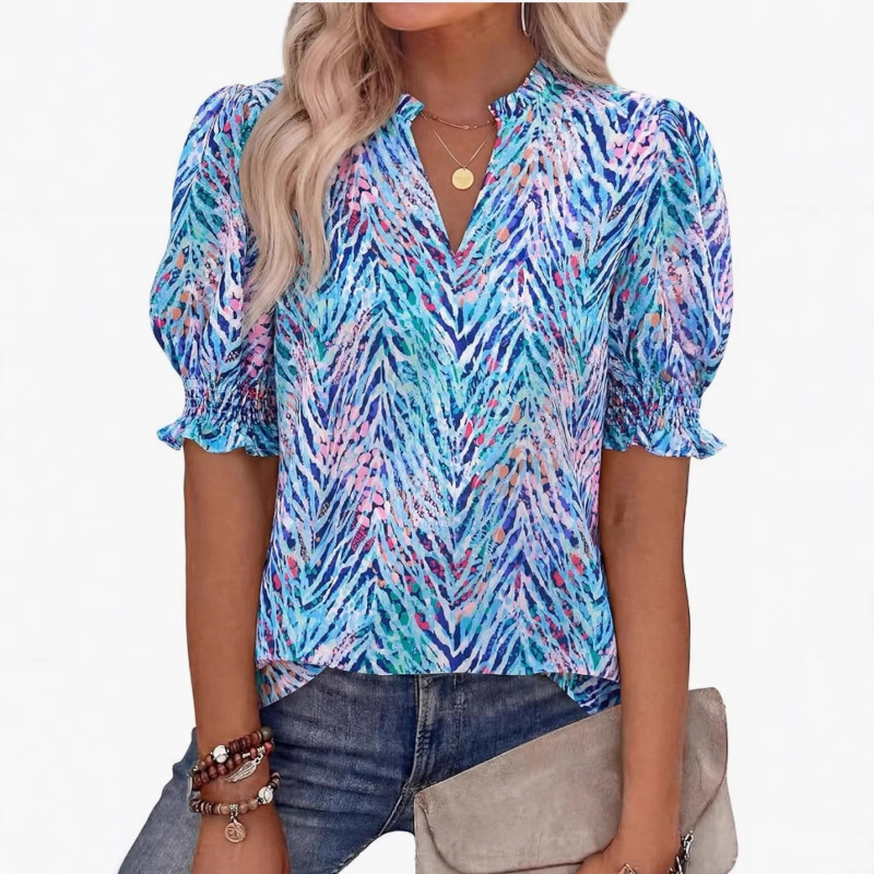 European and American Cross-Border 2026 Amazon Spring and Summer Fashion Casual Floral Shirt Bohemian V-Neck Puff Short Sleeves European and American Cross-Border 2026 Amazon Spring and Summer Fashion Casual Floral Shirt Bohemian V-Neck Puff Short Sleeves