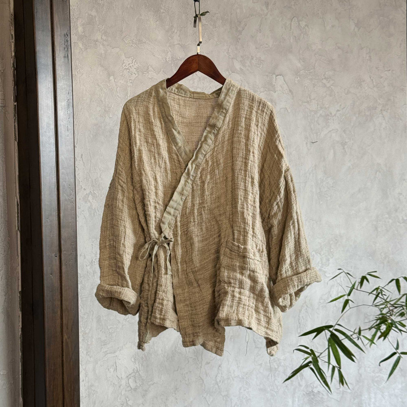 396 High-quality coarse linen top, long-sleeved top, casual retro versatile cross-collar women's jacket