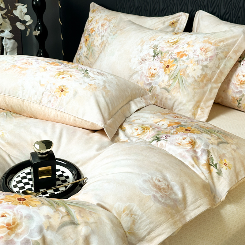 Funda de edredón de algodón, sábanas, ropa de cama, juego de cuatro piezas para textiles para el hogar, juego de cuatro piezas de lujo ligero cepillado de cuatro estaciones