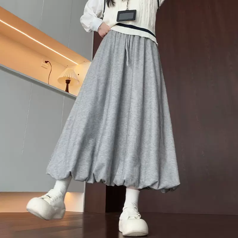 韩系花苞针织糯米半身裙 女秋季新款高腰显瘦灯笼裙中长款a字伞裙