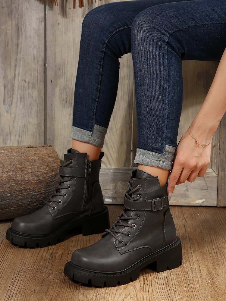 New autumn winter British style motorcycle boots thick soled belt buckle vintage ankle boots plus size_voghion.com