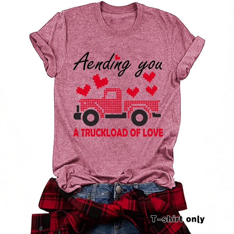 Women's High-End Heart-Shaped Truck Print Round Neck Short-Sleeve Versatile Stylish Cross-Border European and American Fashion T-Shirt Women's High-End Heart-Shaped Truck Print Round Neck Short-Sleeve Versatile Stylish Cross-Border European and American Fashion T-Shirt
