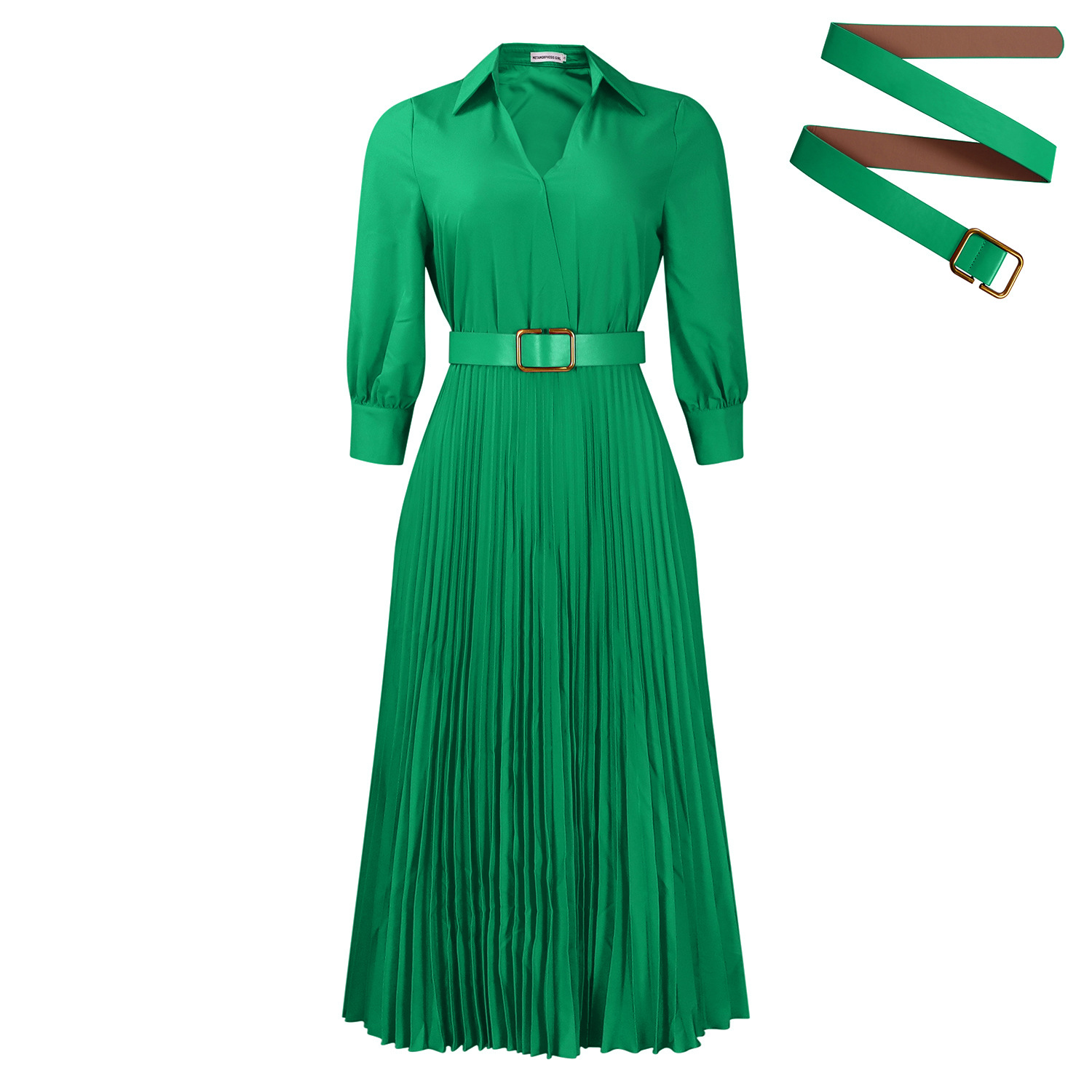 V Neck Long Sleeve Dress Solid Color Pleated Design Flowy Skirt Spring Fashion for Women Wholesale Available
