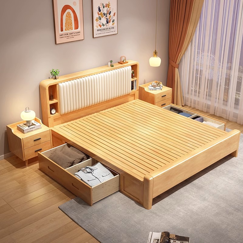 Cama de madera maciza 1,8 m moderno minimalista nórdico 1,5 m pequeño apartamento dormitorio principal alta caja de almacenamiento cama doble cama suave cama boda cama