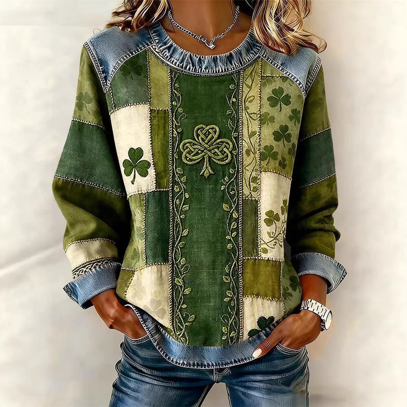 2026 European and American Independent Fashion Website Spring Women's Clothing 3D Digital Printing Clover Element Women's Round Neck Casual Sweatshirt