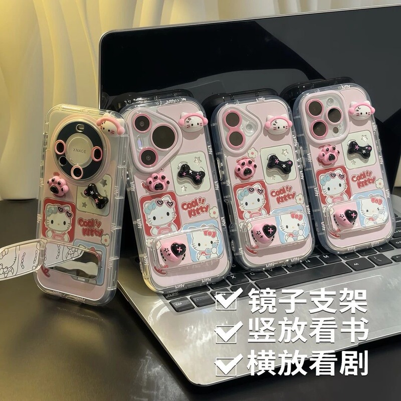 かわいいヘッドフォン kt 猫 Apple 16 携帯電話ケース iPhone15promax フェザーガーゼクリーム 14 スタンド 13 女性に適しています|undefined