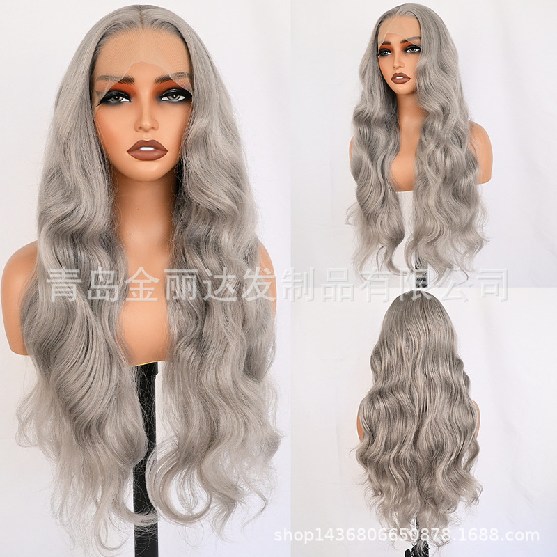 Wholesale of Synthetic Wigs for Women with Long Curly Hair, Big Waves, Granny Gray Long Hair, Big Waves, European and American Fashion Synthetic Hairpieces