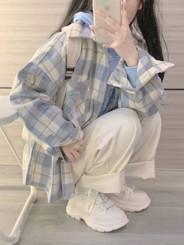 韓国系高級デザイン感のある女性2025春のフレンチレトロなゆったりした格子シャツのコート|undefined