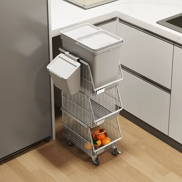 304 stainless steel kitchen waste disposal cart, no-bending design, elevated storage rack, floor-standing vegetable and fruit storage basket