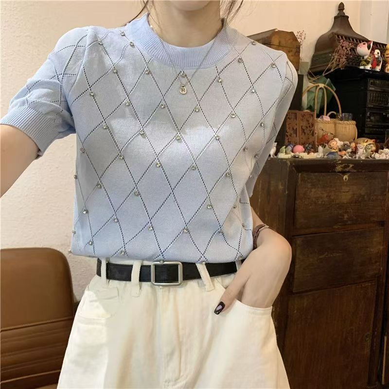 French Crewneck Heavy Industry Hot Drilling Knitted Shirt Short Sleeve T-shirt Women's Summer New Puff Sleeve Hollow Plaid Top for Women French Crewneck Heavy Industry Hot Drilling Knitted Shirt Short Sleeve T-shirt Women's Summer New Puff Sleeve Hollow Plaid Top for Women