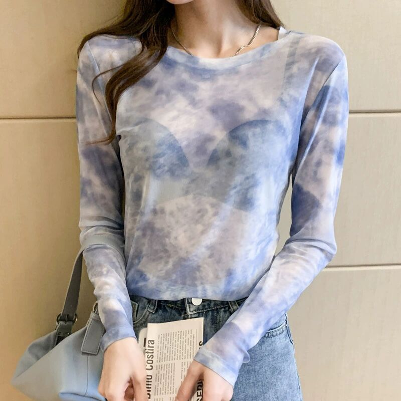 2025 Spring Tie-Dye Ice Silk Mesh Round Neck T-Shirt Sun Protection Long-Sleeved Top Women's Bottoming Shirt