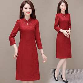 设计感旗袍时尚连衣裙女2024春季新款喜婆婆婚宴新中式红色礼服裙
