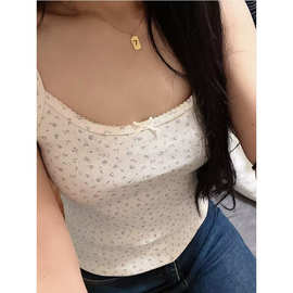 BM风美式夏季碎花修身露脐短款上衣吊带女内搭蝴蝶结花边修身背心
