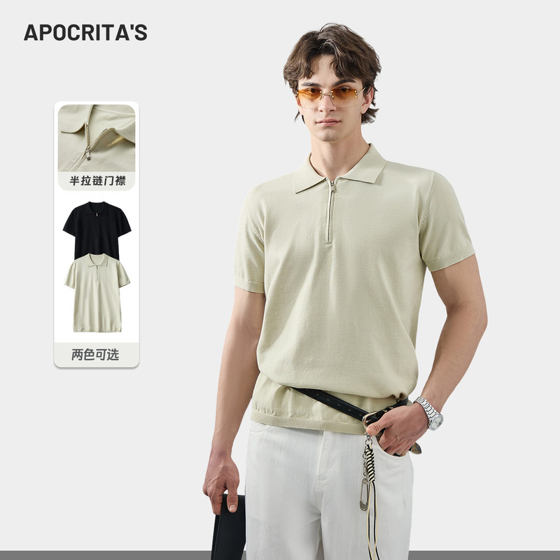Apo Men's Clothing | Cross-Border Half-Zip Short-Sleeve Polo Knit Shirt for Men, Summer Old Money Style, High-End Versatile Slim-Fit Top.