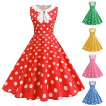 C跨境女装货源新品娃娃领蝴蝶结无袖古典气质复古中长印花连衣裙