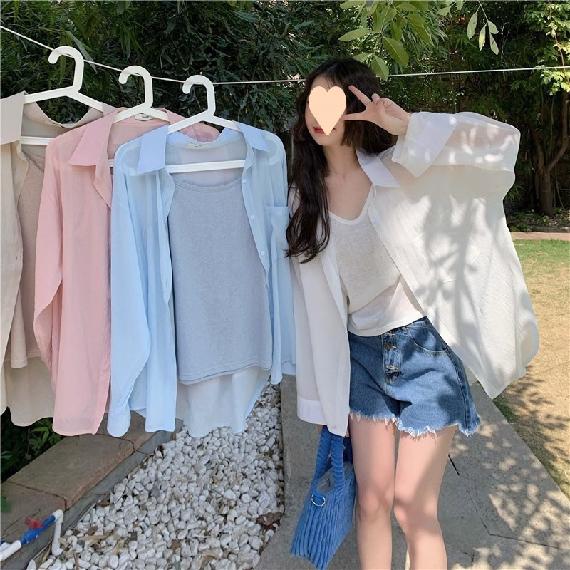 フランスのシフォンの日焼けシャツの女性の夏のシフォンの薄いタイプのシャツのゆったりしている版の抗シワの長袖の日焼けの上着のコート|undefined