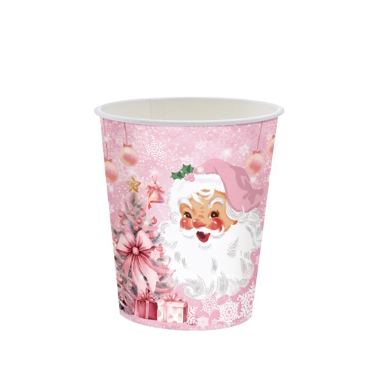 新品冬雪花サンタパーティー装飾使い捨て食器ピンククリスマスペーパートレイ紙コップテーブルクロス|undefined