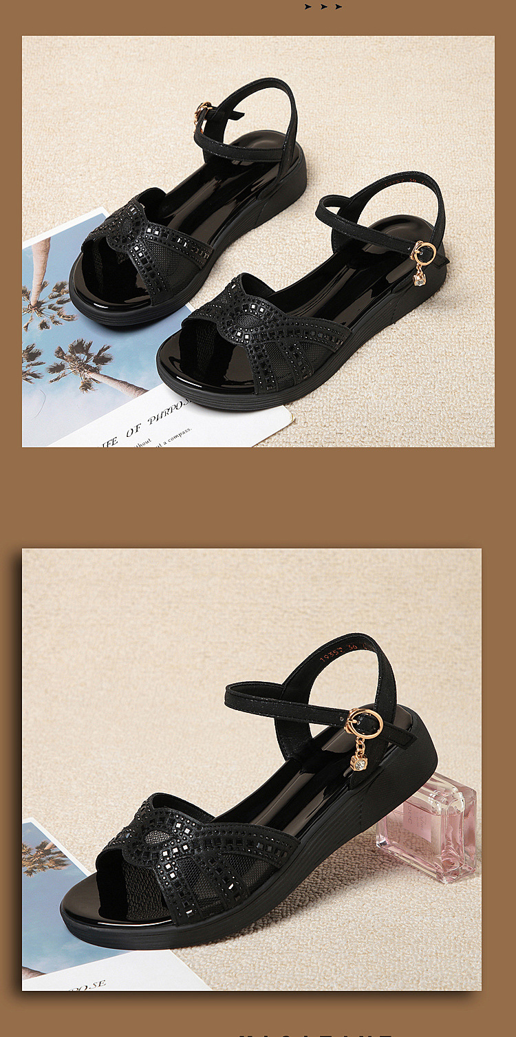 Dép sandal nữ đế mềm da thật chống trơn trượt đế xuồng bệt mùa hè — Màu đen chi tiết 16