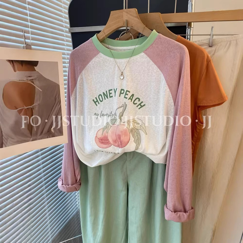 Cross-Border Peach-Colored Korean Dongdaemun Summer Fresh Pink-Green Snowflake Cotton Long-Sleeve T-Shirt Sun Protection Cover-Up Plus Size Thin Style Cross-Border Peach-Colored Korean Dongdaemun Summer Fresh Pink-Green Snowflake Cotton Long-Sleeve T-Shirt Sun Protection Cover-Up Plus Size Thin Style
