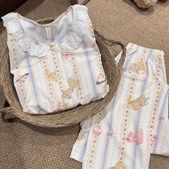 带胸垫睡衣女春秋季云朵棉条纹长袖套装甜美卡通宽松家居服可外穿