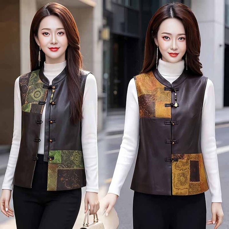 New Chinese-style buttoned patchwork leather vest, vintage printed loose sleeveless jacket for women, suitable for spring and autumn New Chinese-style buttoned patchwork leather vest, vintage printed loose sleeveless jacket for women, suitable for spring and autumn