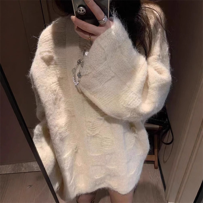 Ys Pure Color Ripped Round Neck Soft Waxy Lazy Style Knitwear Women's Autumn and Winter Mid-Length Loose Knitwear Pullover Top Ys Pure Color Ripped Round Neck Soft Waxy Lazy Style Knitwear Women's Autumn and Winter Mid-Length Loose Knitwear Pullover Top