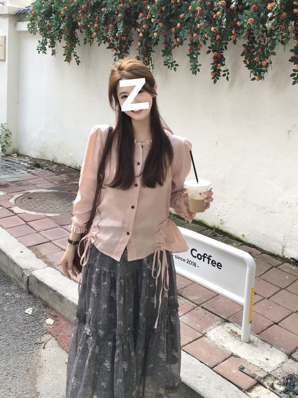 2025秋日巨好看的两件套女装甜美粉色边长袖衬衫垂感碎花半身裙子|undefined