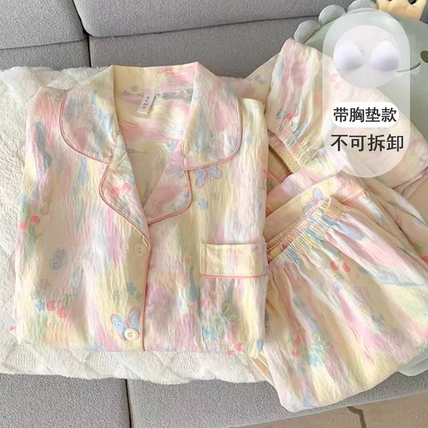 带胸垫郁金香睡衣女款夏季云朵纯棉纱短袖甜美少女三件套装家居服