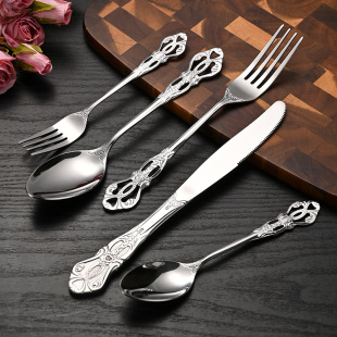 Cross-border Amazon Royal Court Stainless Steel Knife and Fork Spoon suit Tableware Retro Relief Hollow Western Knife and Fork Spoon