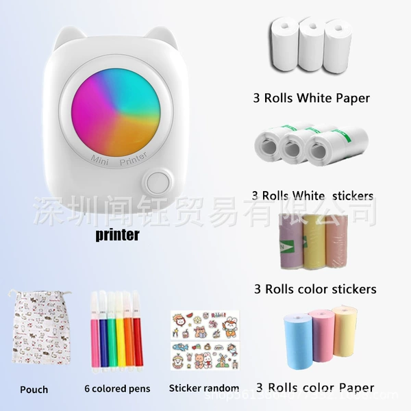 C38 white chromatic plate + 3 rolls of thermal paper + 3 rolls of self-adhesive + 3 color paper + 3 rolls of color self-adhesive + 6 colored pens + random stickers + storage bag