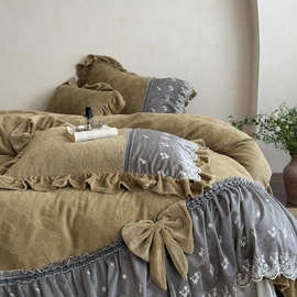 复古国风花边女生卧室秋冬保暖牛奶绒床盖款四件套加厚夹棉床裙