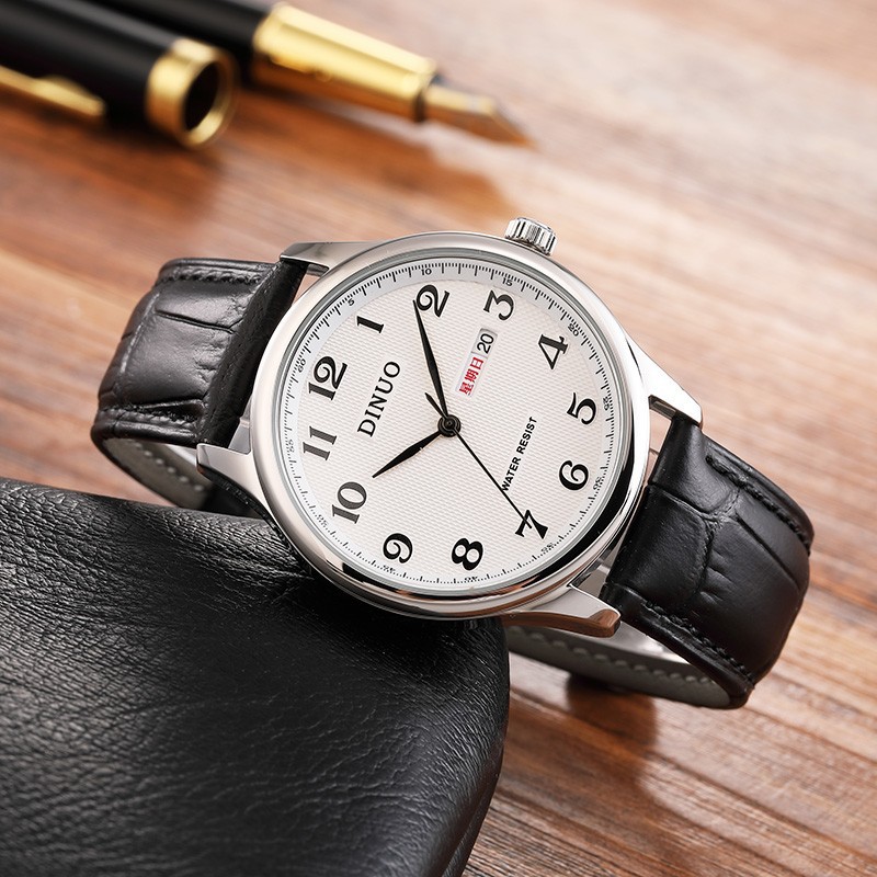 Men's Double Calendar Silver Shell_White Face Black Belt