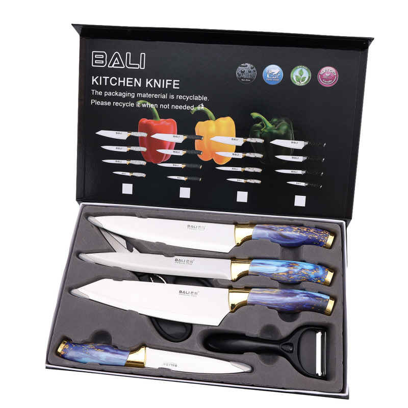 Gran por mayor mármol doble galvanoplastia seis piezas juegos de cuchillos de cocina tijeras cuchillos multifuncionales regalos