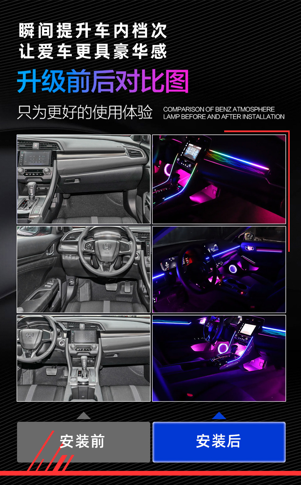 Car Ambient Lighting for Honda Civic 16-21 Interior Atmosphere Lamp