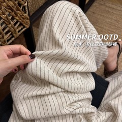 条纹亚麻阔腿裤女夏季薄款休闲高腰显瘦宽松慵懒遛弯棉麻直筒裤子