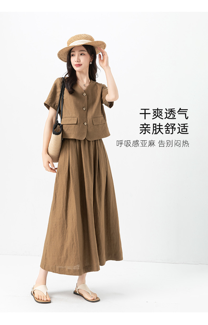 Bộ đồ vải lanh cổ điển Xinge cho nữ: áo khoác ngắn tay rộng rãi mỏng mùa hè và chân váy tôn dáng — Váy kaki (65356) chi tiết 19
