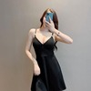 Deep V-neck low cut open back solid color waist closed A-line umbrella skirt bottom skirt suspender dress