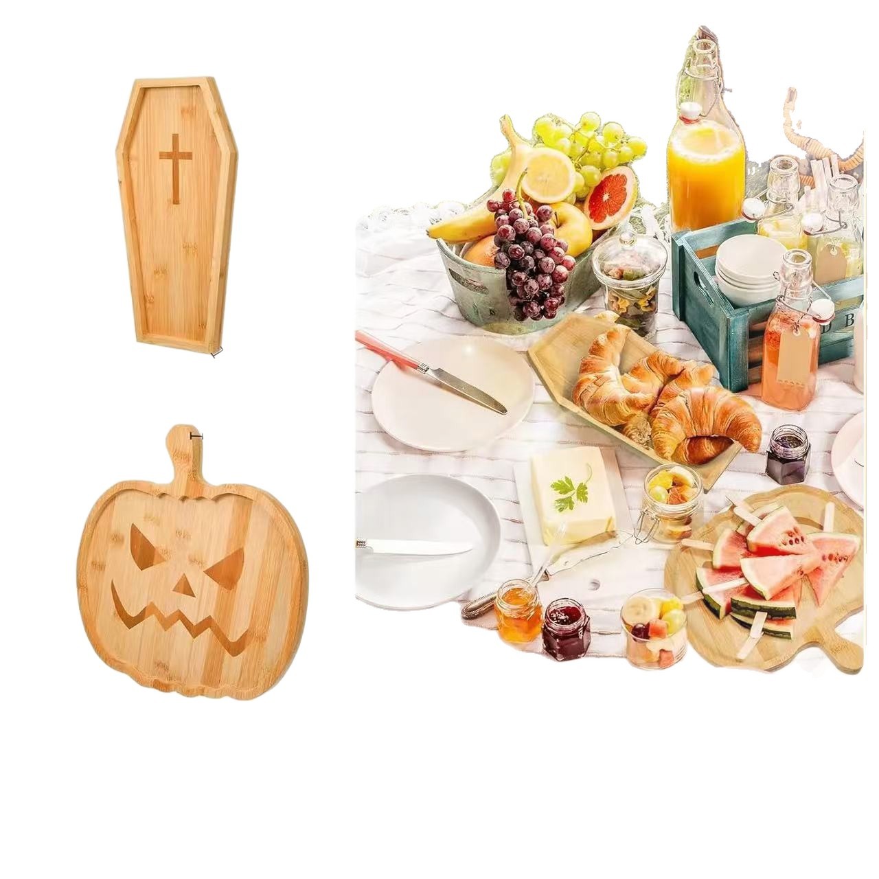 Bandeja de calabaza divertida de madera, decoración de fiestas navideñas, bandeja de frutas de pastelería, bandeja de desayuno de madera maciza para el hogar