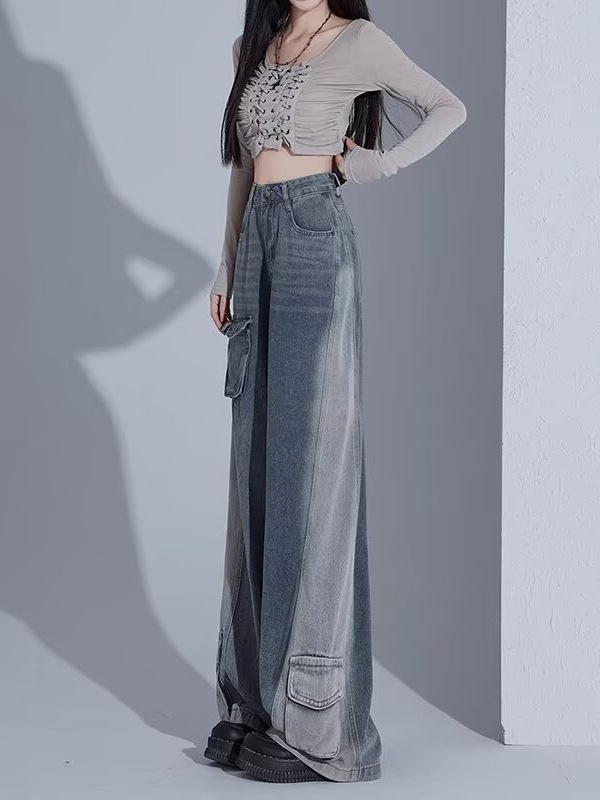 个性口袋设计拼色工装牛仔裤女春秋新款高腰宽松显瘦直筒阔腿长裤|undefined