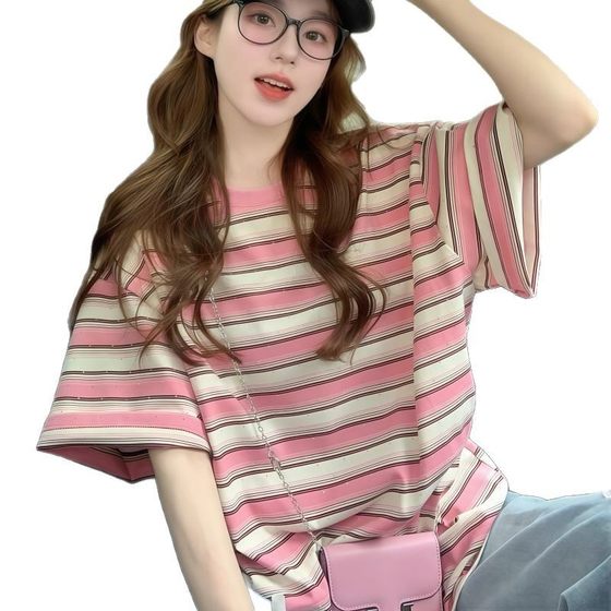 Dopamine Pink Striped Short-sleeved T-shirt Women's New Summer Design Sense Niche oversize Loose Top