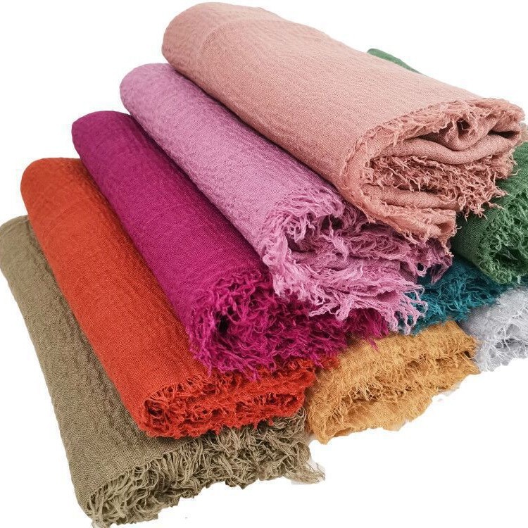 Factory direct supply new pleated man cotton yarn monochrome scarf natural wrinkled cotton linen wool edge Women's gauze