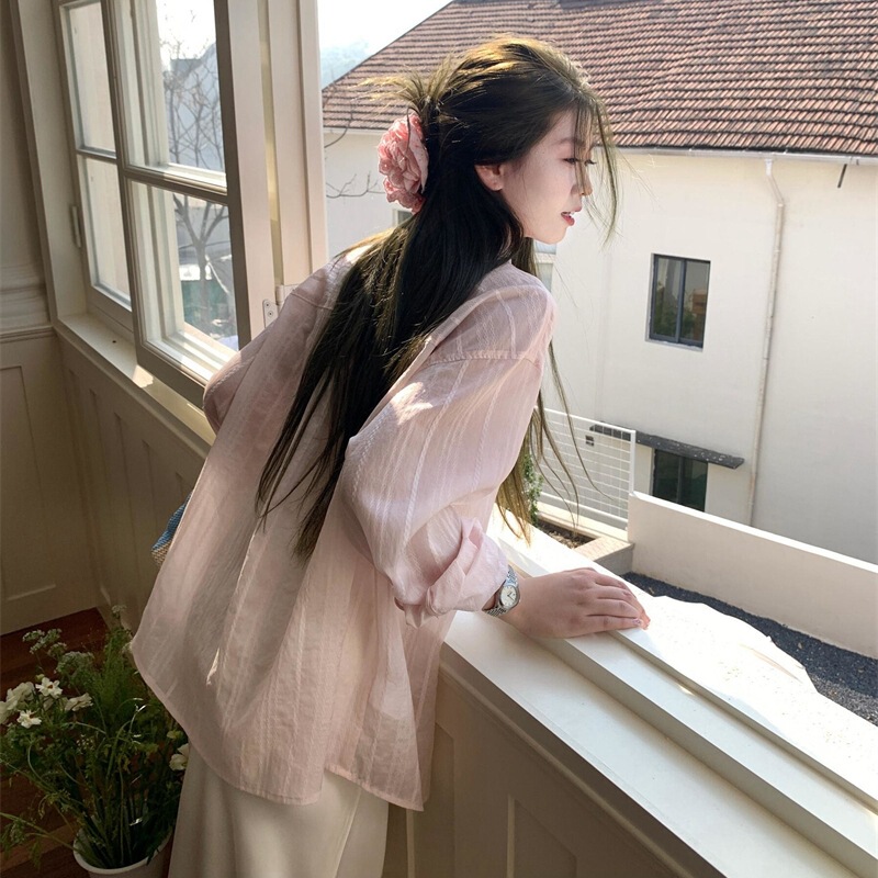 Pink Stripesd Shirt for Women in Summer, Sun Protection, Loose, Slim, Gentle, Comfortable and Versatile Jacket, Cardigan Top Batch