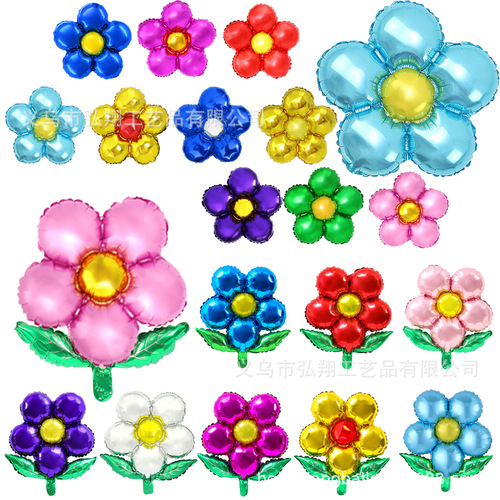 Five-petal flower green leaf round aluminum film balloon opening celebration flower shape party wedding decoration arrangement balloon