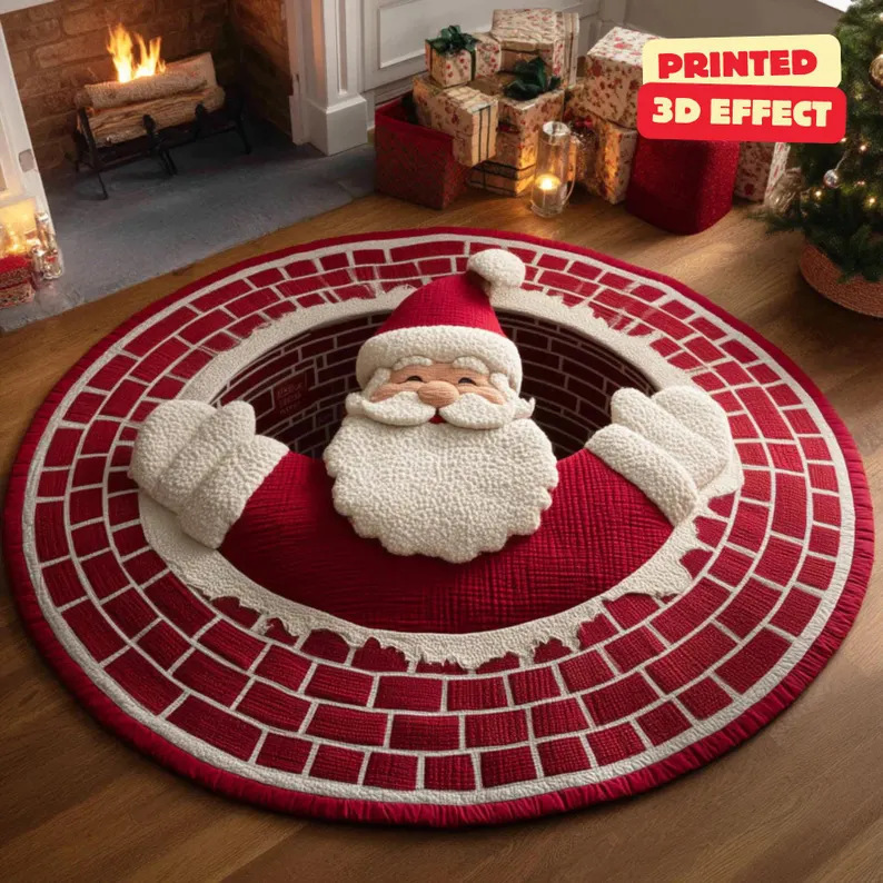 Rond tapijt met kerstmanmotief voor de grensoverschrijdende kerst, geschikt voor de woonkamer, vlekbestendig, feestdecoratie en als banktapijt._voghion.com