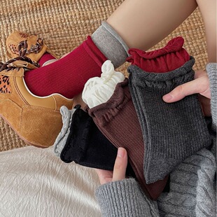 Korean Ins Angora Red Fake Two-piece Contrast Color Socks Double Lukou Color-matching Pile Socks Pure Cotton Boneless Mid-tube Socks