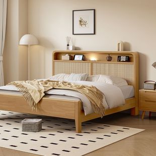 Nordic Rattan Bed Pure Solid Wood Bed Full Solid Wood 1.8m Double Bed Modern Simple Antique Bed Master Bedroom Homestay Bed