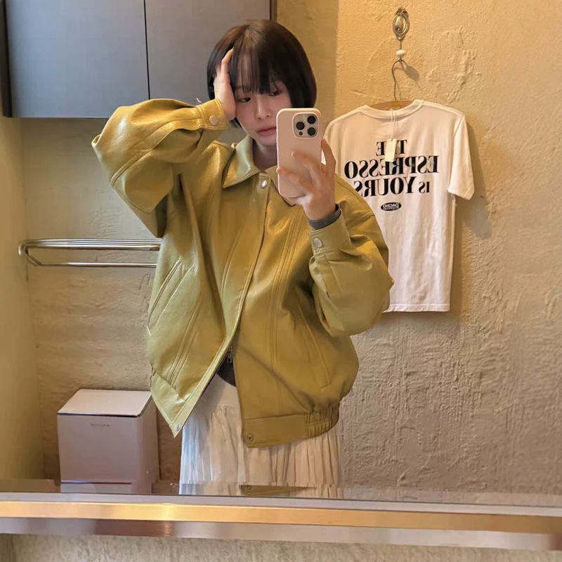 Shiyi·XH Korean-style loose-fitting ginger yellow leather jacket, Dongdaemun autumn new motorcycle style zip-up jacket for women Shiyi·XH Korean-style loose-fitting ginger yellow leather jacket, Dongdaemun autumn new motorcycle style zip-up jacket for women