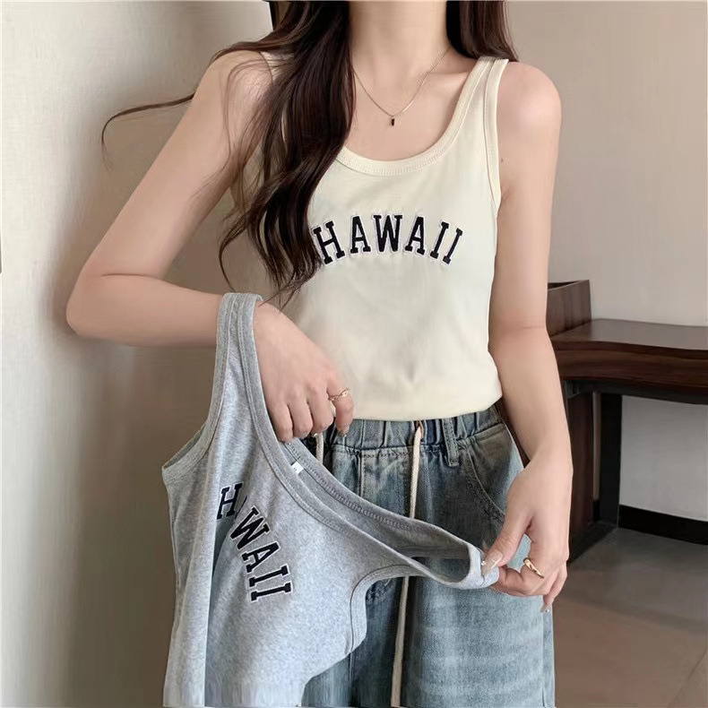 Cross-Border American Slim U-Neck Cotton Letter Embroider Suspender Women's Casual Sports Top with Bm Sleeveless Vest