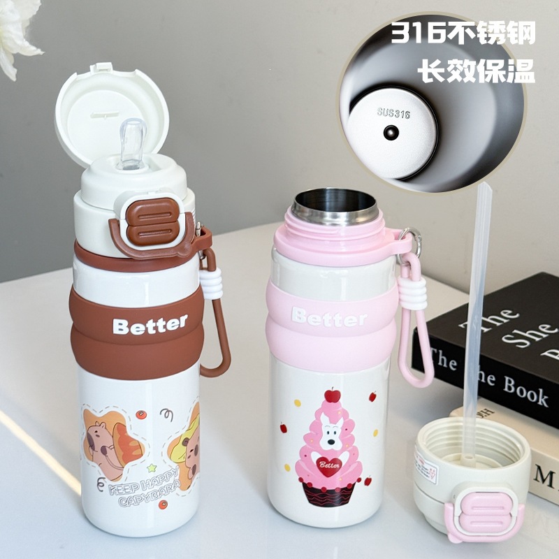 316 tazas de acero inoxidable para bebidas dobles niñas adorables tazas de agua de paja portátiles de alta capacidad