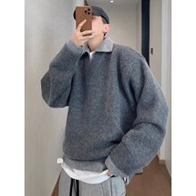 冬季复古百搭宽松慵懒灰色假两件V领撞色针织毛衣男士POLO领保暖